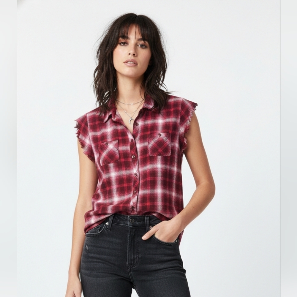 Faded Glory Pink Plaid Cut Off Grunge Rock Plaid Blouse M